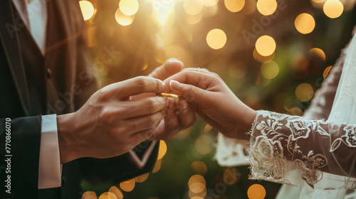 Delicate fingers receive a wedding ring, encapsulating a moment of union and promise.
