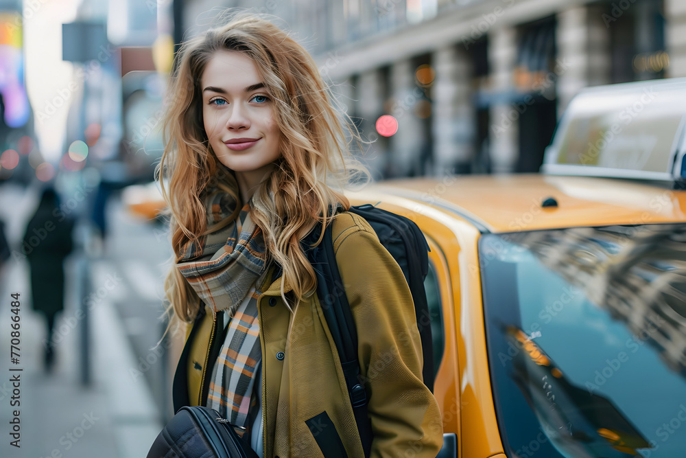 Fototapeta premium a woman looking at camera at the city street with a taxi