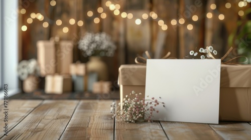 Gift Box With Blank Card on Wooden Table