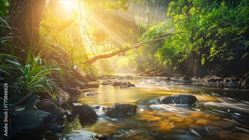 Sunlit jungle river with verdant foliage - A vibrant jungle scene with a rushing river illuminated by a sunbeam  showcasing the beauty of nature