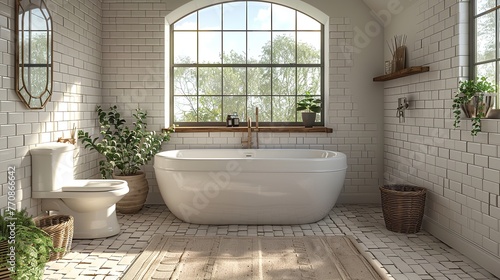 A white bathroom including a sink, toilet, and bathtub. Generative Ai © Planum