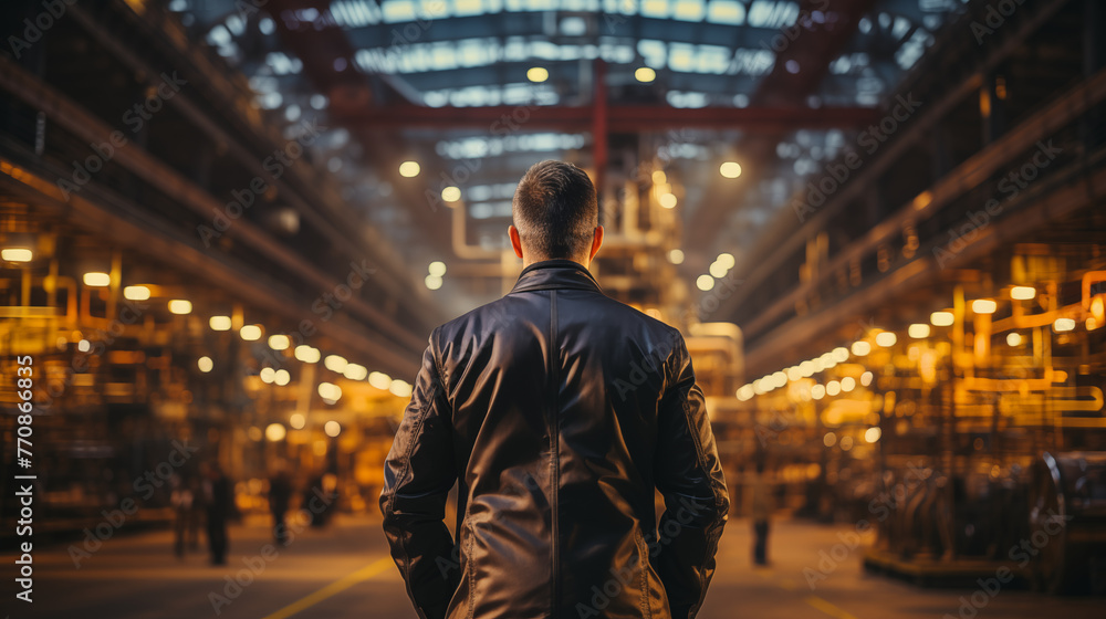 A man in a leather jacket standing in a large industrial building looking at the machinery A man in a leather jacket standing in a large industrial building looking at the machinery