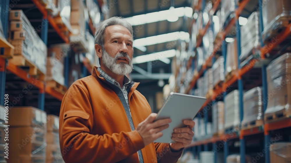 Warehouse accounting and bookkeeping. A middle-aged man stands in a warehouse with a tablet computer and checks the statements for the presence of goods Warehouse accounting and bookkeeping. A middle-aged man stands in a warehouse with a tablet computer and checks the statements for the presence of goods