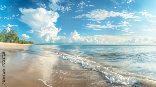 tropical beach panorama, seascape with a wide horizon, showcasing the beautiful expanse of the sky meeting the sea