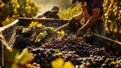 Workers harvesting grapes, a bounty of nature's finest, ready to craft the essence of exquisite wine photo