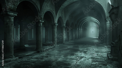 Fantasy horror walking way scene, scary underground tunnel under ruins castle , a horror book cover idea .