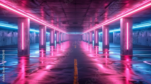 Abstract interior of an empty parking lot with neon lights and concrete pillars. Generative Ai