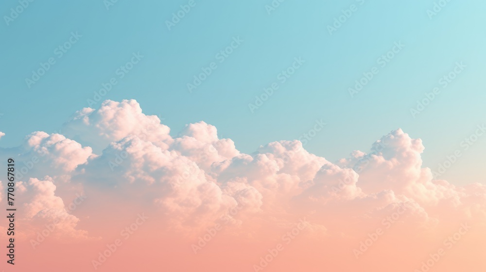 Beautiful sky on colorful gentle light day background. Sunny and fluffy clouds with pastel tone and idyllic orange teal color backdrop. Picturesque generative ai - obrazy, fototapety, plakaty 