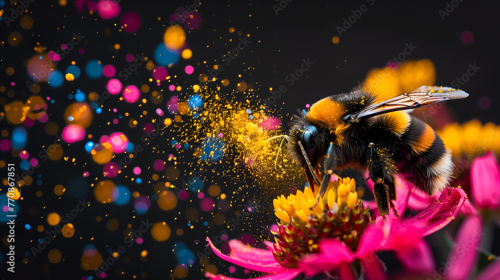  Bee gathering nectar and spreading the colorful pollen powders - obrazy, fototapety, plakaty 