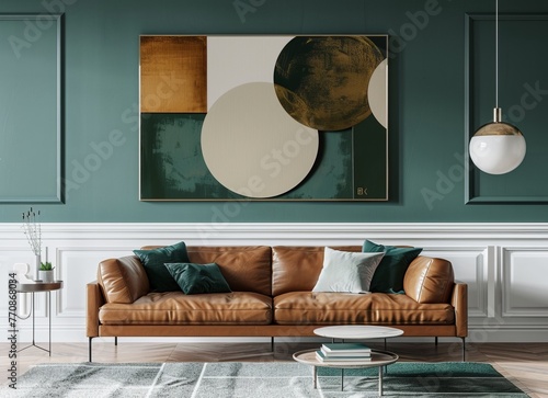 A minimalist living room with teal walls, white wainscoting and an elegant leather sofa photo
