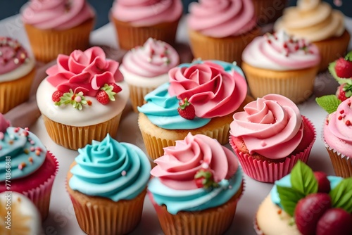 Sweet cupcakes decorated with sugar paste and cream