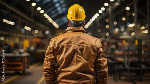 Industrial worker in a hard hat and brown leather jacket standing in a large factory with bright lights