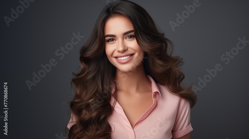Lovely photo of a young professional woman, isolated on a gray background, smiling sweet girl with long hair in a studio