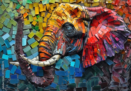 Decorative lion and elephant painting made using colorful broken tiles