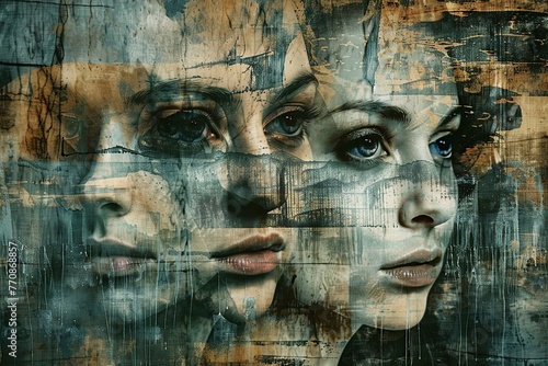 The image of a woman personifying a hypnotically split personality. Each part expresses different emotions, internal conflict and emotional experiences in different situations. Copy space. Banner photo