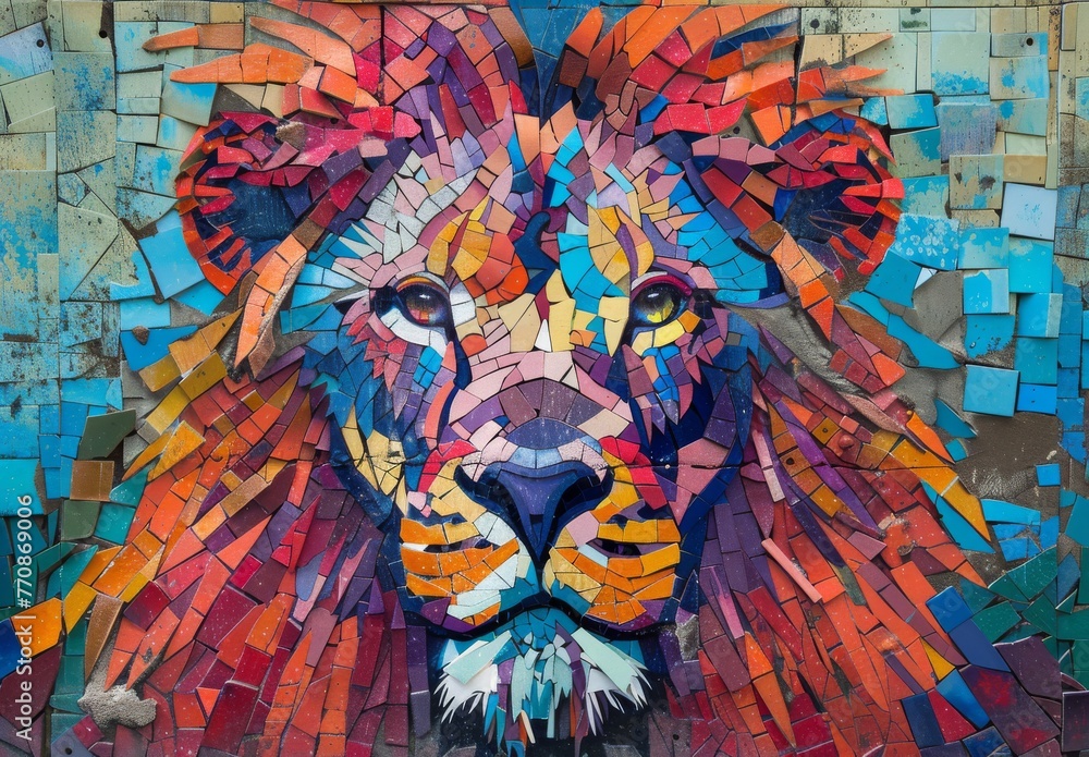 Fototapeta premium Decorative lion and elephant painting made using colorful broken tiles