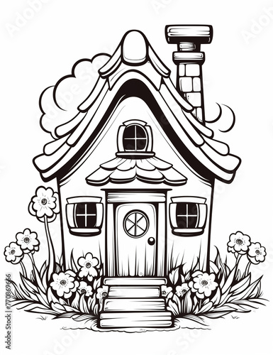 house coloring pages for kids, nature inspired, aesthetic, cottages, trees , flowers,  kids activity sheets