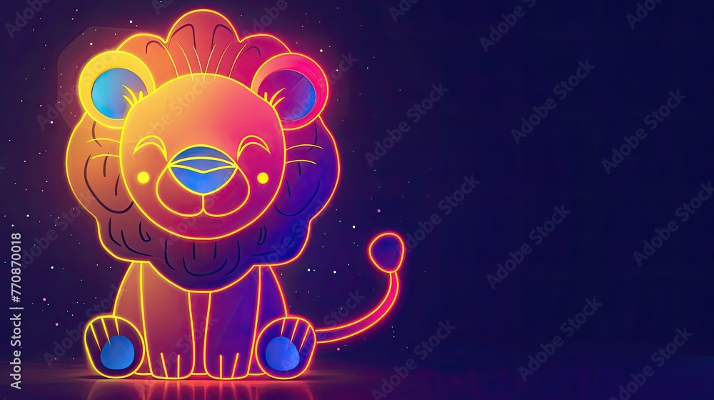 Animated neon lion cub in a seated position with a starry background.