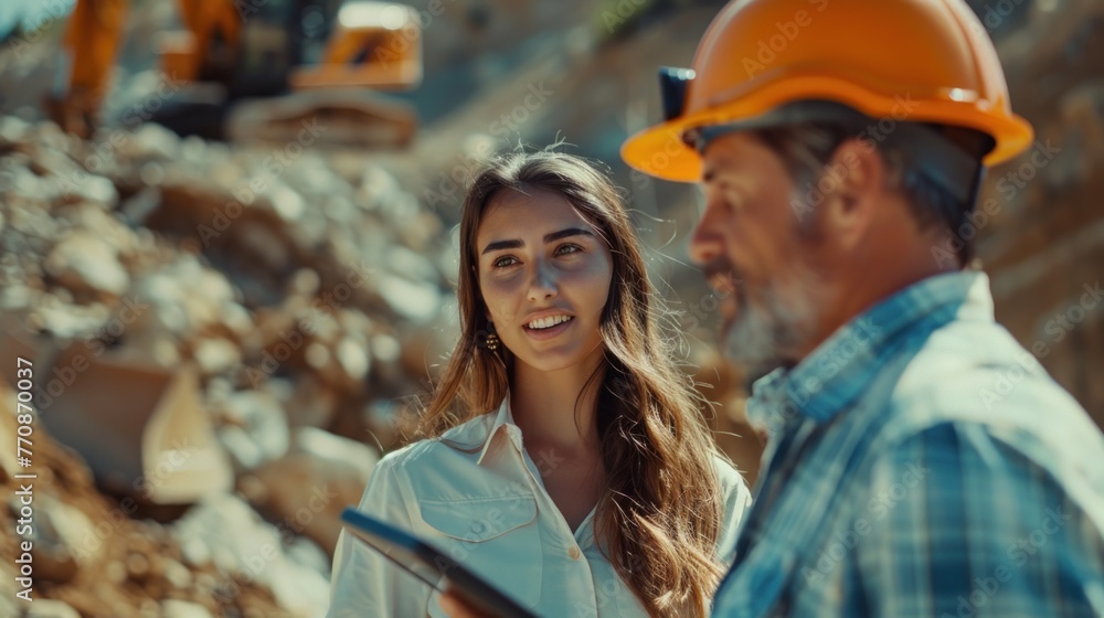  Hispanic Female Inspector Talking to Caucasian Male Land Development Manager With Tablet On Construction Site Of Real Estate Project Excavators Preparing For Laying Foundation Hot Sunny Day