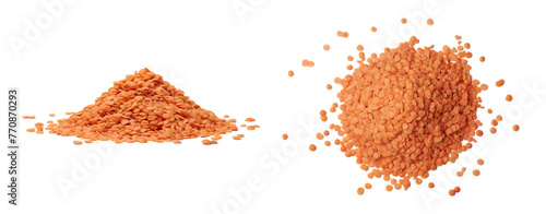 red lentils masoor dal, legume used in cooking in indian, middle eastern and south asian cuisines, reddish orange pulses isolated white background in different angles