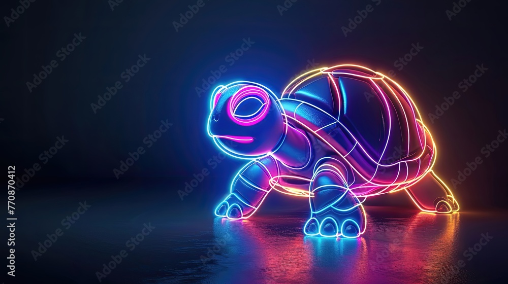Obraz premium Neon turtle with a glowing shell on a dark background.