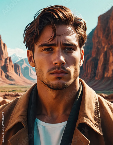 Rugged Adventurer: A Modern Man in a Prehistoric Setting | This striking digital illustration depicts a modern man with a rugged, handsome appearance set against the backdrop of a dramatic, prehi photo