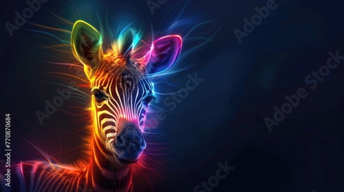Neon zebra head with colorful light streaks on a dark backdrop.