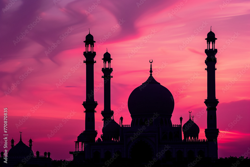 mosquée à contre-jour, se découpant sur un ciel rouge, rose et violet de coucher de soleil flamboyant. monument religieux musulman, style arabique, minaret, et dôme avec croissant