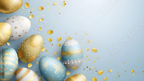 Easter greeting background with realistic golden, blue, white Easter eggs ai generated 