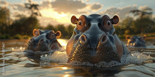 Hippopotamuses as water conservationists, teaching the importance of saving water in a 3D cartoon illustration.