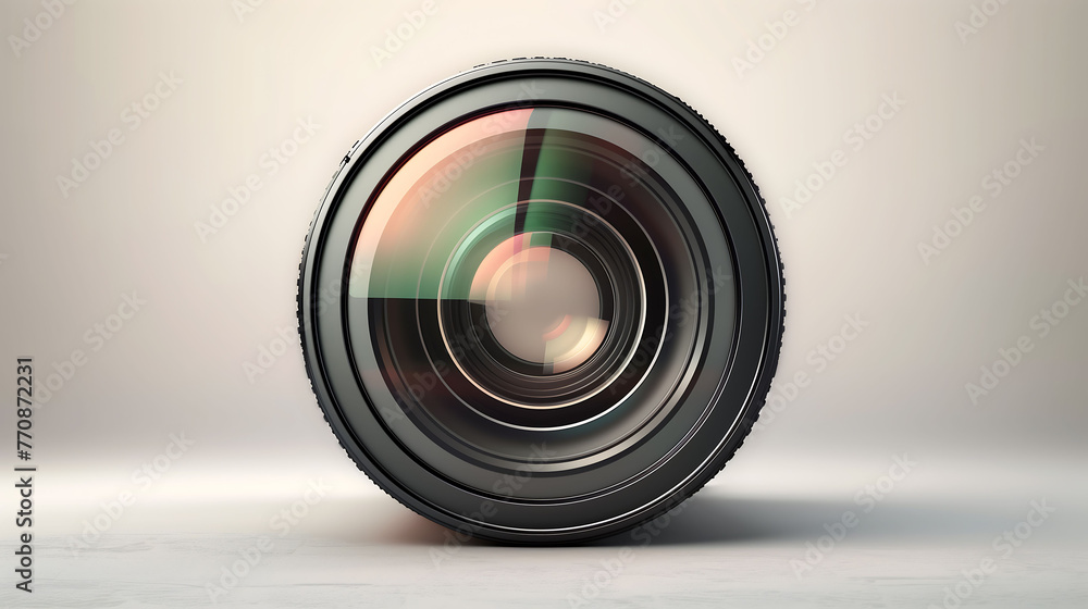 Close-up view of a camera lens isolated on a light background, highlighting the intricate details of photography equipment and technology	
