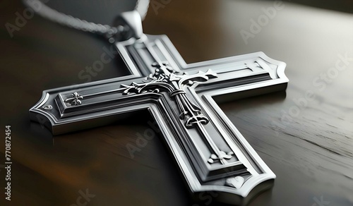 A silver Christian Cross on a colorful background. AI generated. photo