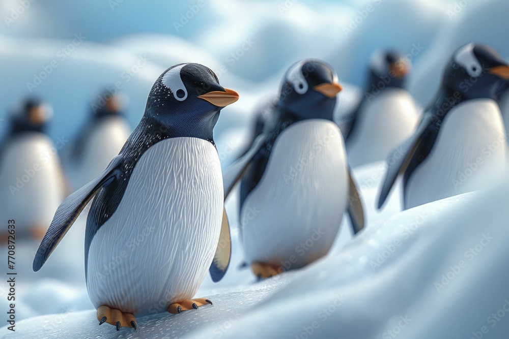 Obraz premium Penguins sliding on ice, forming patterns that celebrate the virtues of Buddha on his birthday in a playful 3D cartoon illustration.