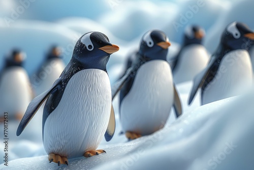 Penguins sliding on ice, forming patterns that celebrate the virtues of Buddha on his birthday in a playful 3D cartoon illustration. photo
