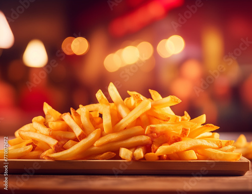 Amazing french fries on a store on a table