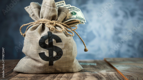 Hands cradle a burlap money bag with a dollar sign on a wooden background. photo