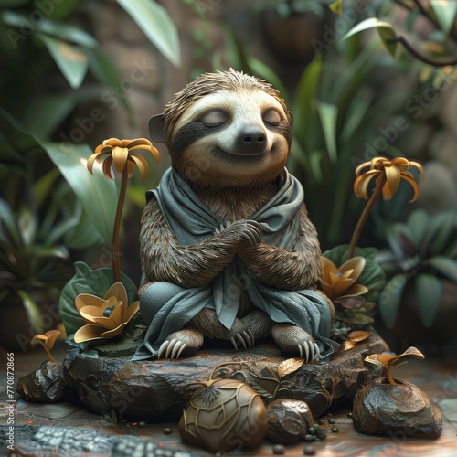 Sloths as mindfulness coaches, promoting well-being and work-life balance in a 3D cartoon illustration.