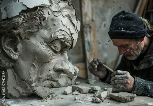 sculptor with his sculptures and works made of clay photo