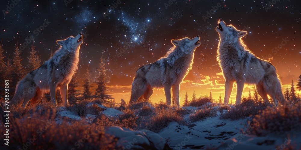 Wolves howling melodious tunes under the starry sky, echoing the teachings of Buddha on his birthday in a 3D cartoon illustration. - obrazy, fototapety, plakaty 