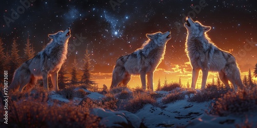 Wolves howling melodious tunes under the starry sky, echoing the teachings of Buddha on his birthday in a 3D cartoon illustration.
