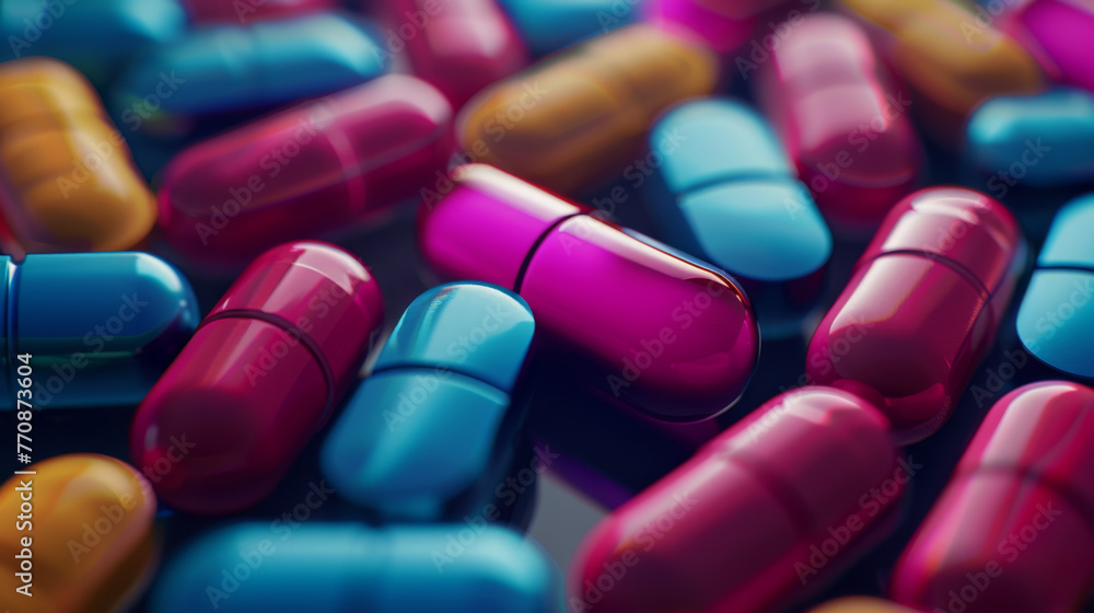 A multitude of colorful pills and capsules fill the frame in a dense pattern. A multitude of colorful pills and capsules fill the frame in a dense pattern.