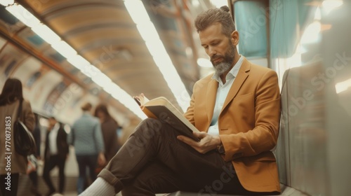 Man reading book on subway, elegant suit, thoughtful expression.