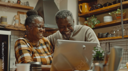 Two joyful seniors share a moment looking at a laptop in a kitchen setting.