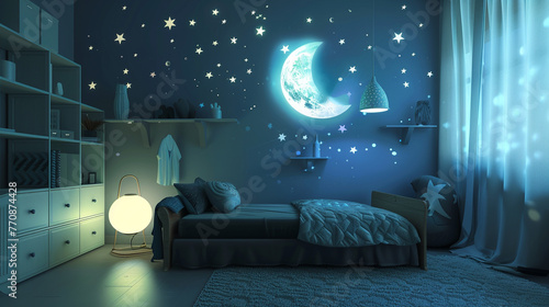 Calming nursery with a starry night theme, gentle moon and stars projector, 3D render