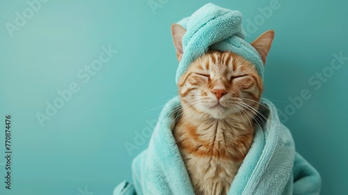 Cute relaxing chilling cat with towel turban on his head and bathrobe, cut out on blue turquoise color photo