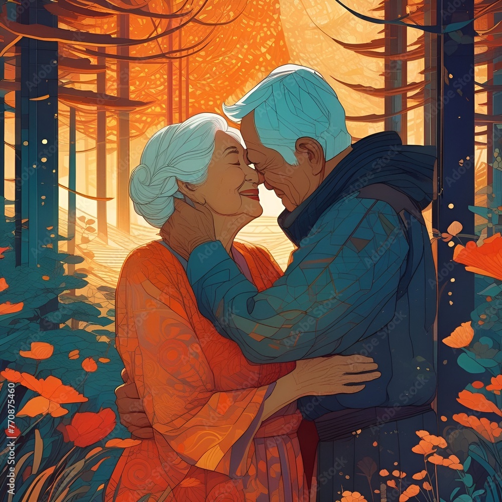 illustration of an elderly asian couple hugging and kissing in the forest at sunset illustration of an elderly asian couple hugging and kissing in the forest at sunset