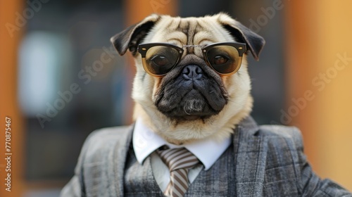 pug dog with suit and sunglasses generative ai