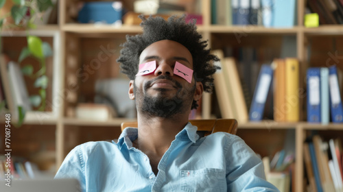 A man sits with sticky notes over his eyes that have cartoon eyes drawn on them, suggesting playfulness amidst work.