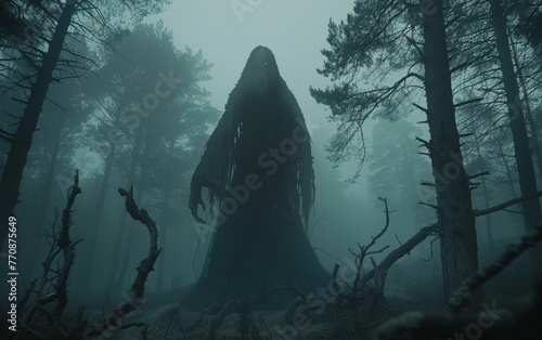 A mysterious entity with elongated limbs stands in a fog-covered forest, its presence suggesting a blend of horror and fascination in the silence of the woods.