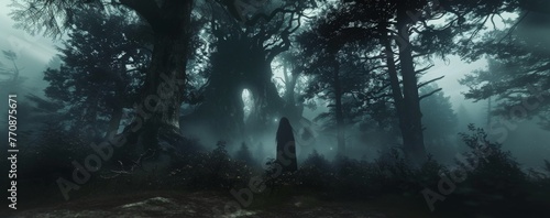 A shrouded figure emerges from the whispering woods, the fog weaving around the trees to create a haunting narrative of the unseen.